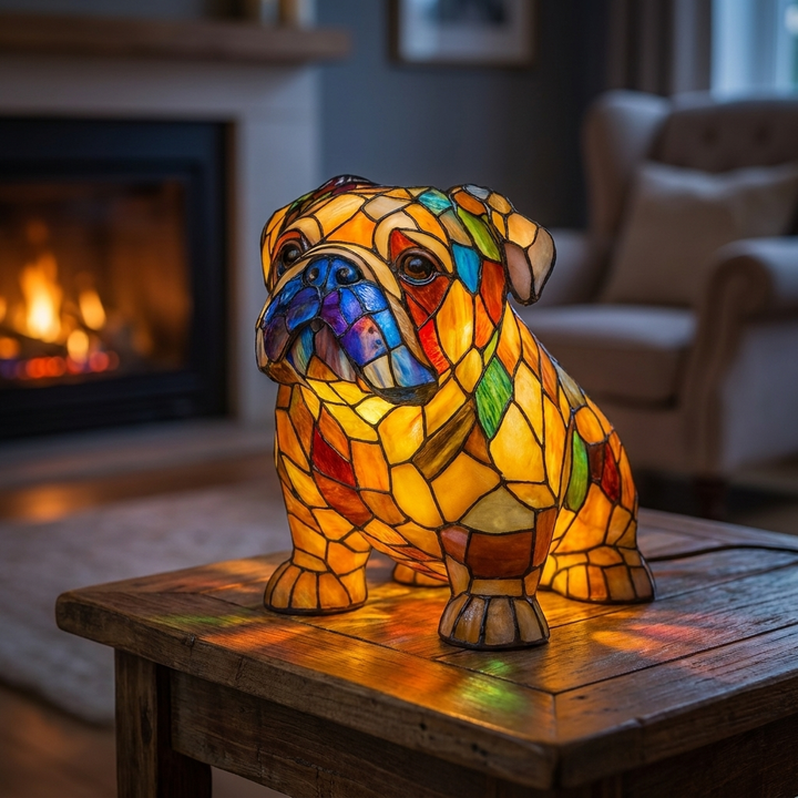 Fox Enchanted Canine stained-glass lamp on a side table