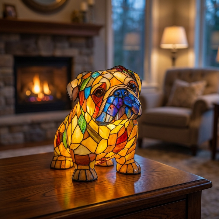 Fox Enchanted Canine stained-glass lamp glowing in a cosy living room