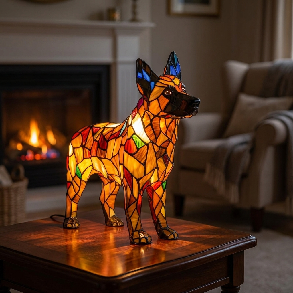 Peter Enchanted stained-glass lamp glowing in a cosy living room