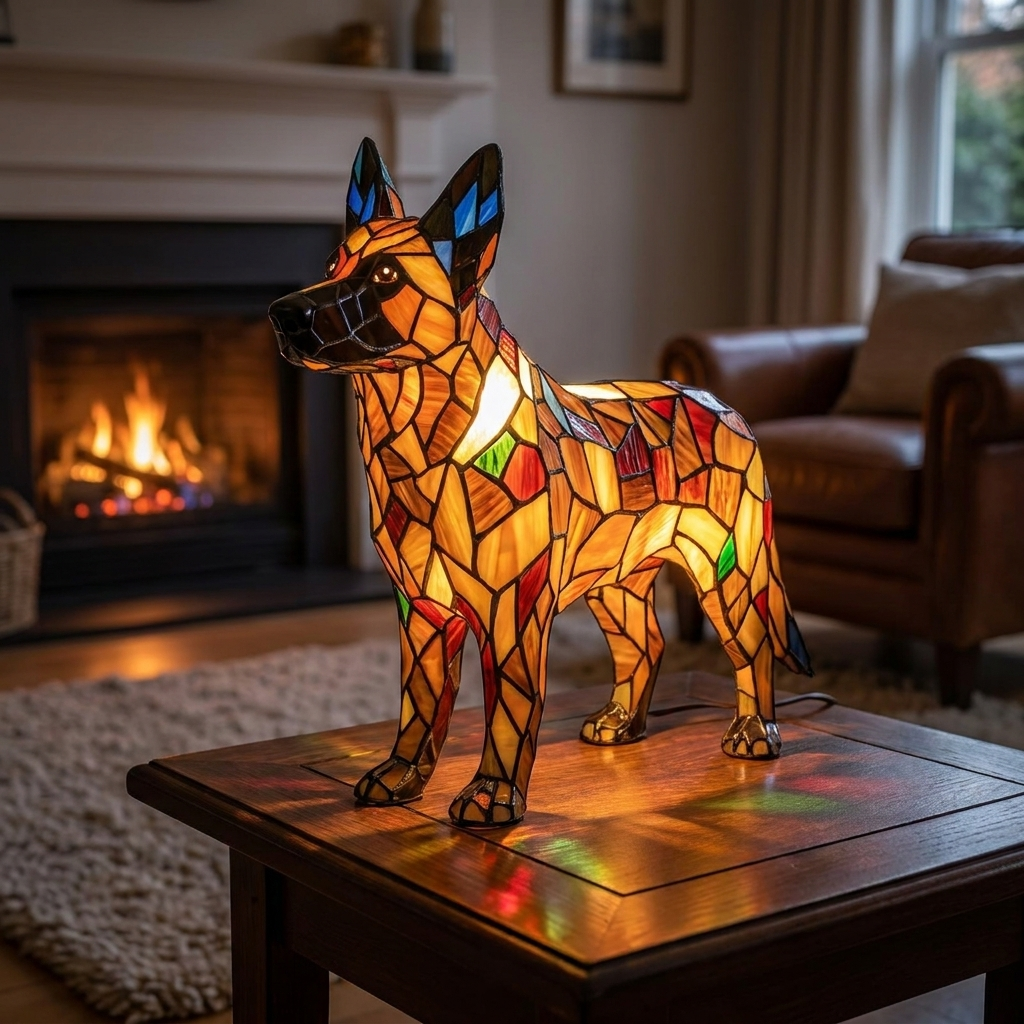 Peter Enchanted stained-glass lamp on a side table