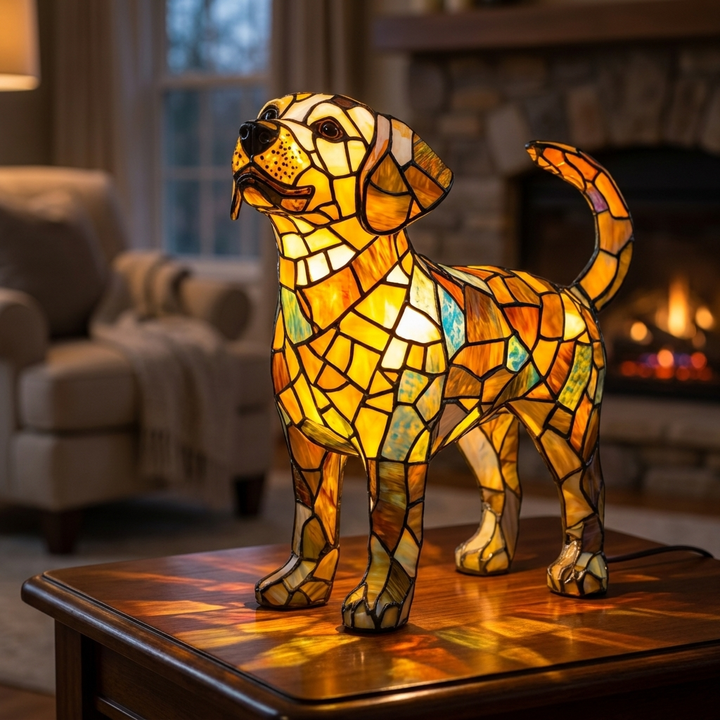Rex Enchanted stained-glass lamp in a cosy living room