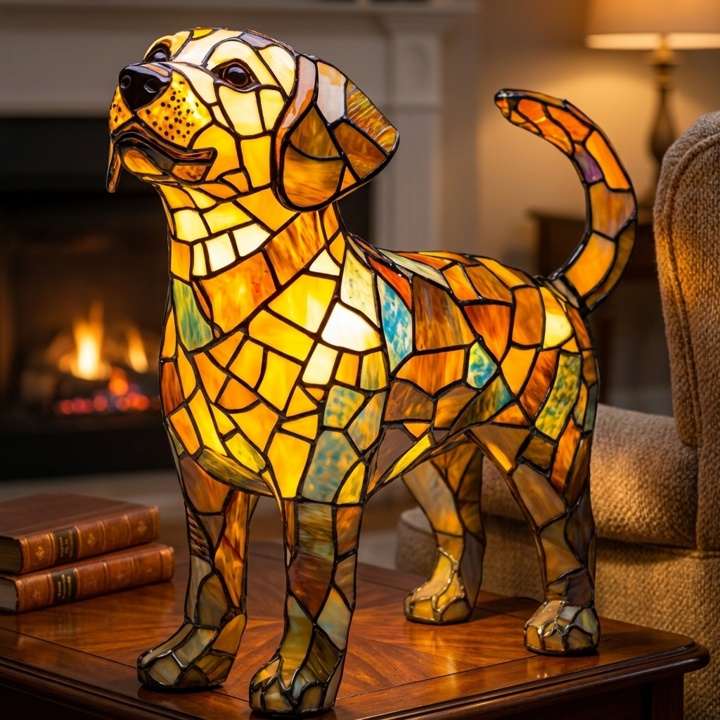Rex Enchanted stained-glass lamp in a cosy living room