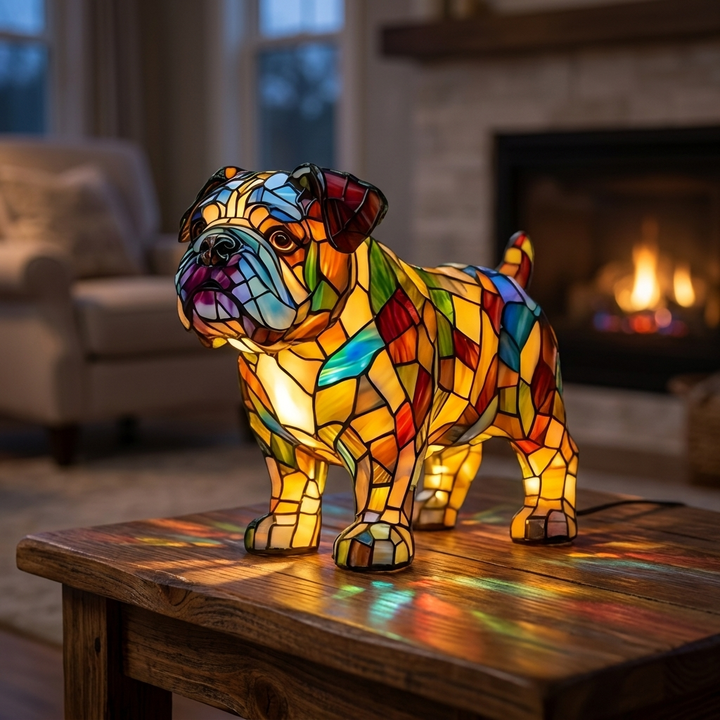 Tommie Enchanted Canine stained-glass lamp in a cosy living room