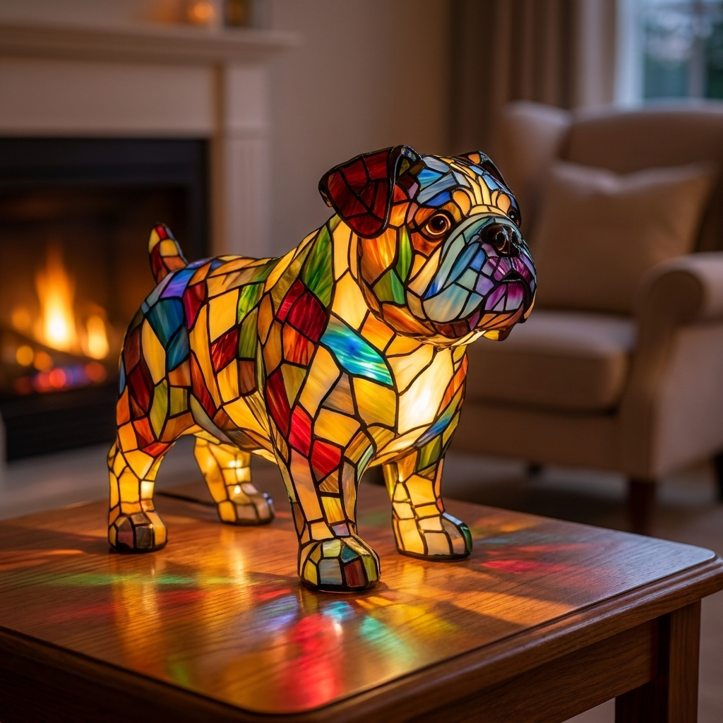 Tommie Enchanted Canine stained-glass lamp in a cosy living room