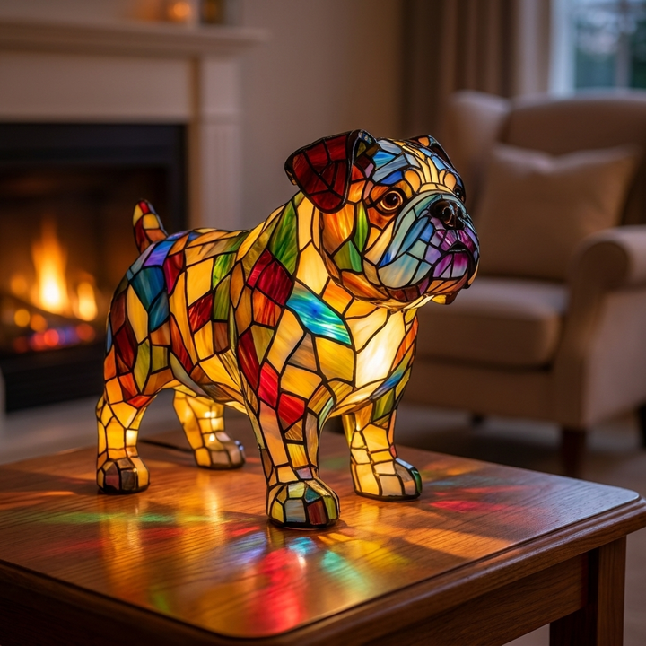 Tommie Enchanted Canine stained-glass lamp in a cosy living room
