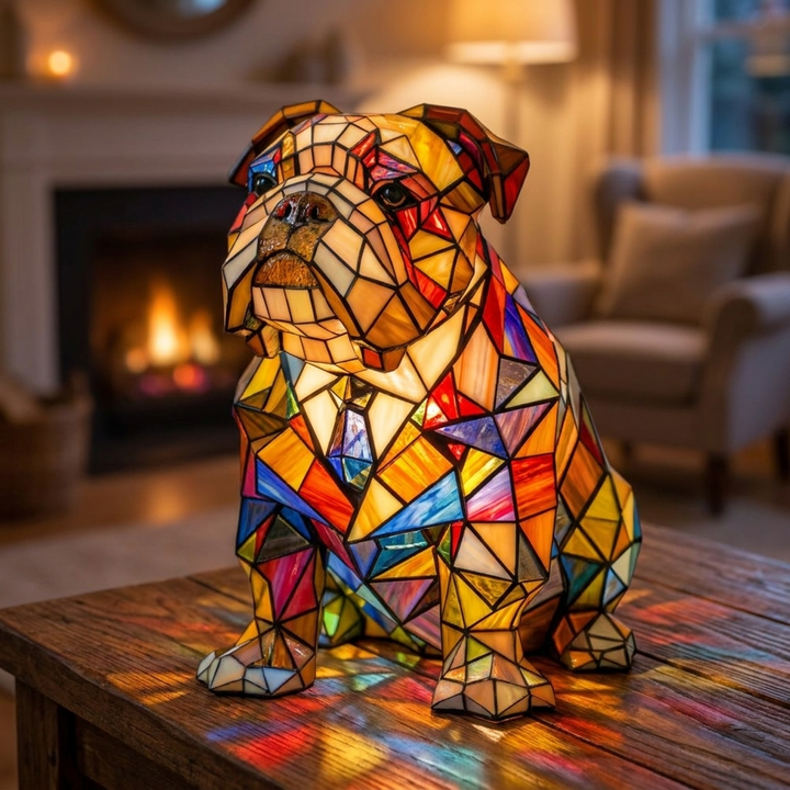 Elegant Bulldog Charm stained-glass lamp in a cosy living room