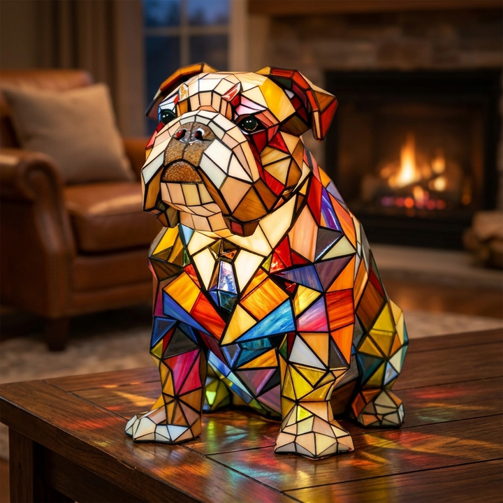 Elegant Bulldog Charm stained-glass lamp in a cosy living room