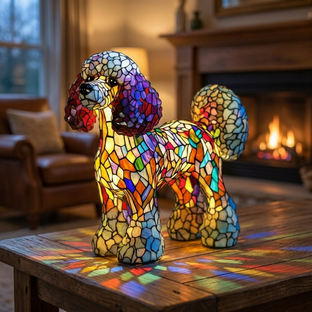 Krystal Flame stained-glass lamp in a cosy living room