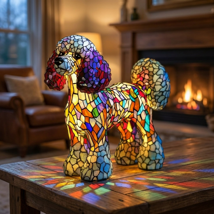 Krystal Flame stained-glass lamp in a cosy living room