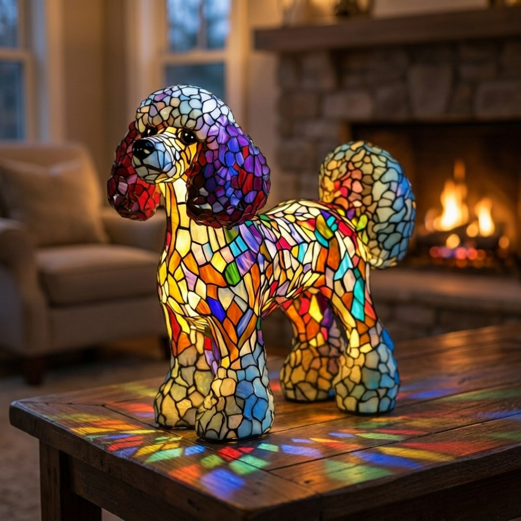 Krystal Flame stained-glass lamp in a cosy living room