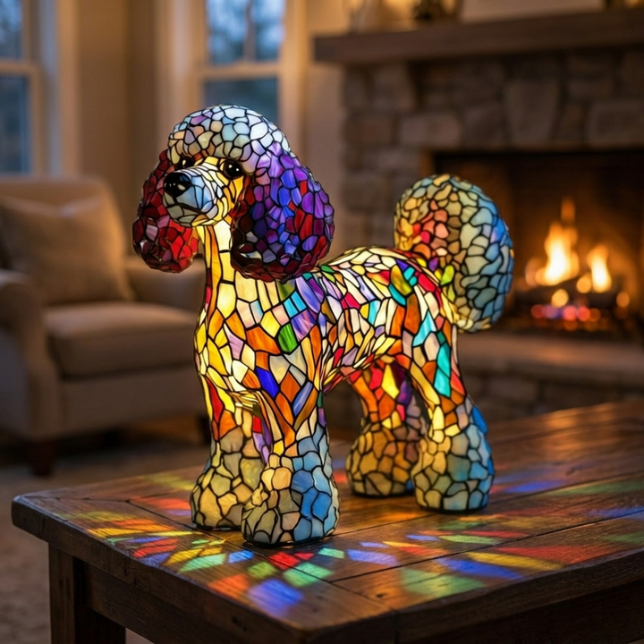 Krystal Flame stained-glass lamp in a cosy living room