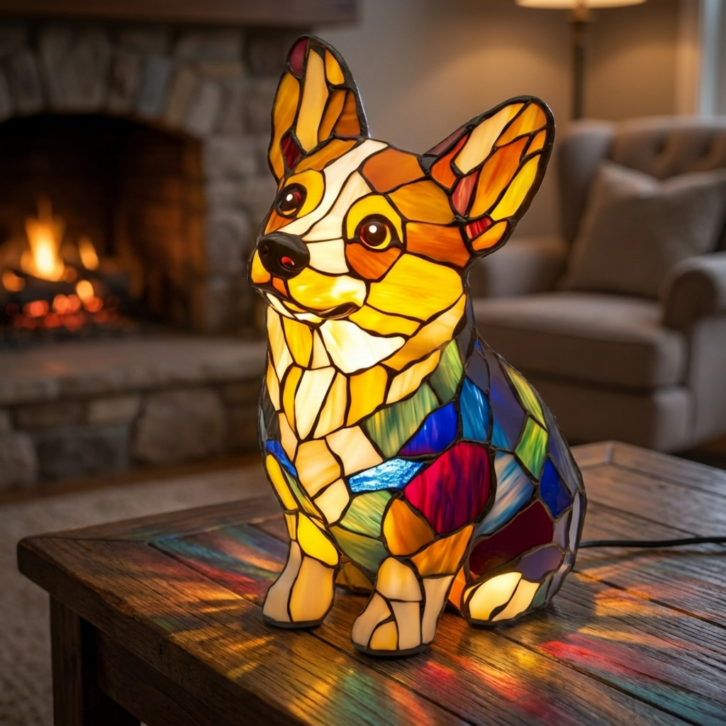 Corgi Bliss stained-glass lamp in a cosy living room