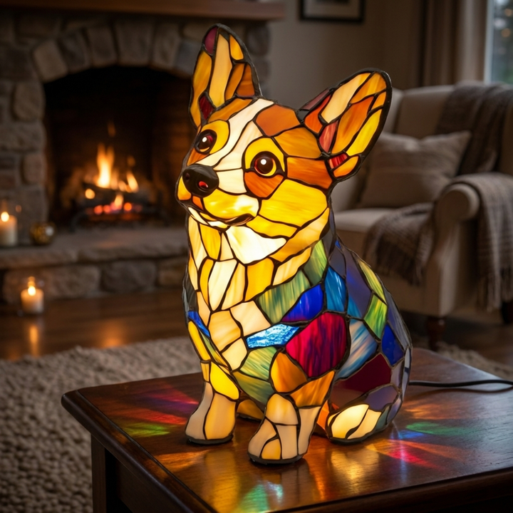 Corgi Bliss stained-glass lamp in a cosy living room