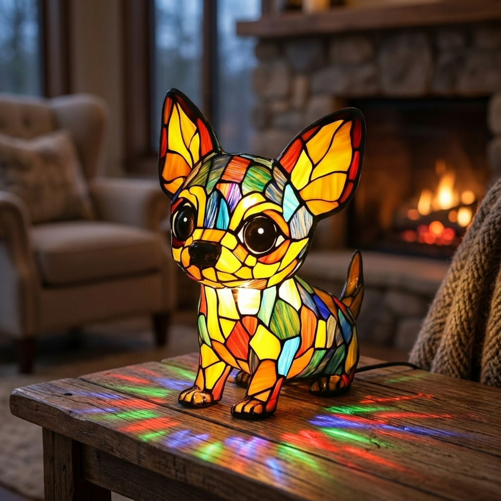Charming Chihuahua Pendant stained-glass lamp in a cosy living room