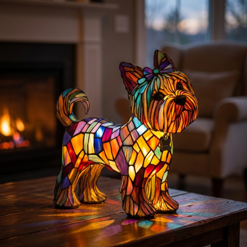 Queen of Crystals stained-glass lamp in a cosy living room