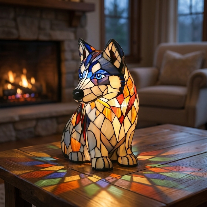 Polar Husky stained-glass lamp in a cosy living room