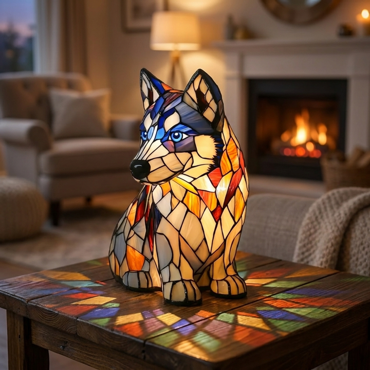 Polar Husky stained-glass lamp in a cosy living room
