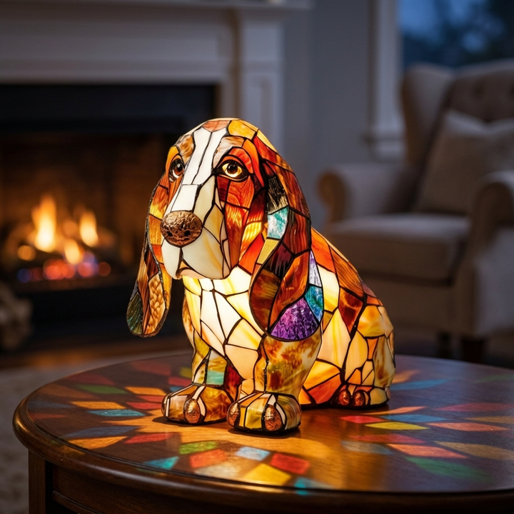 Canine Serenity stained-glass lamp in a cosy living room