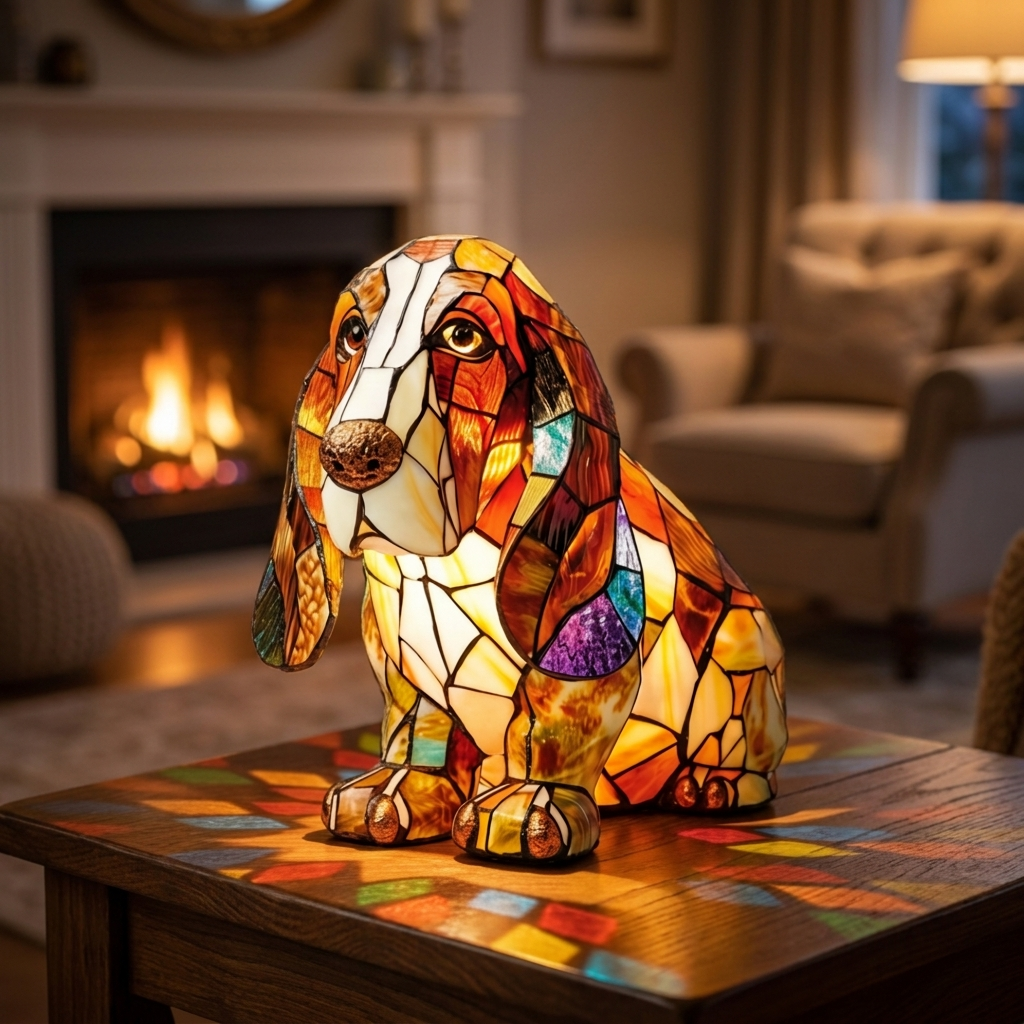 Canine Serenity stained-glass lamp in a cosy living room
