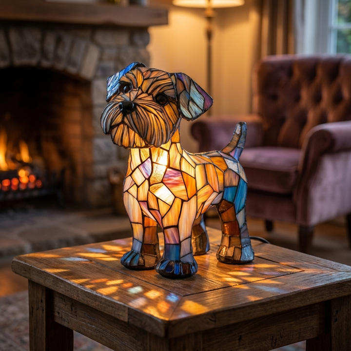 Terrier Pride stained-glass lamp in a cosy living room