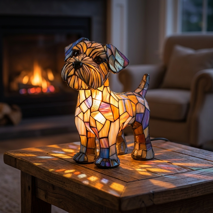 Terrier Pride stained-glass lamp in a cosy living room
