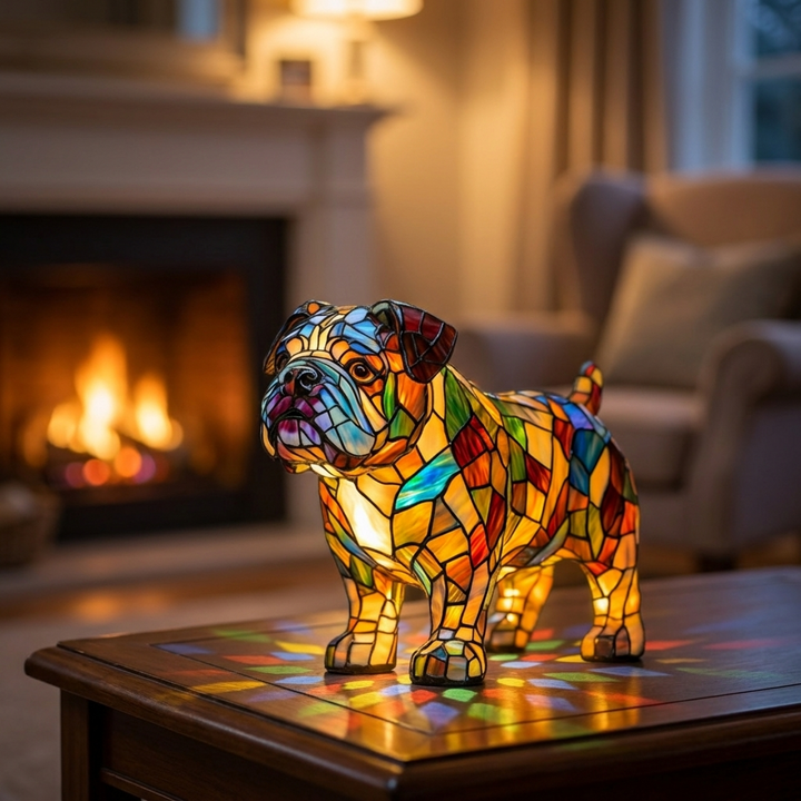 Bulldog Strides stained-glass lamp in a cosy living room