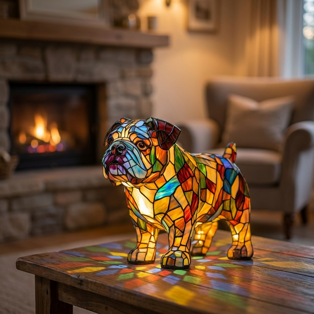 Bulldog Strides stained-glass lamp in a cosy living room