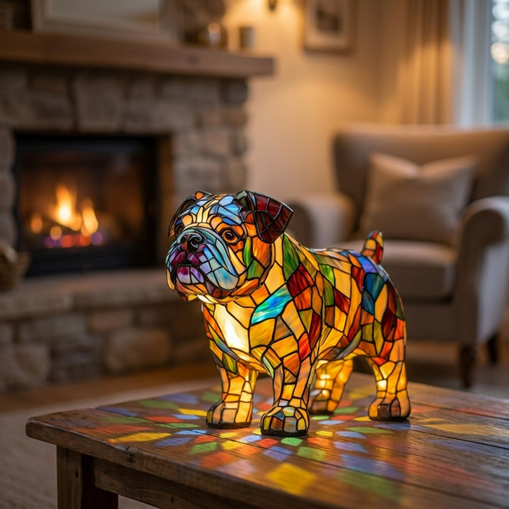 Bulldog Strides stained-glass lamp in a cosy living room
