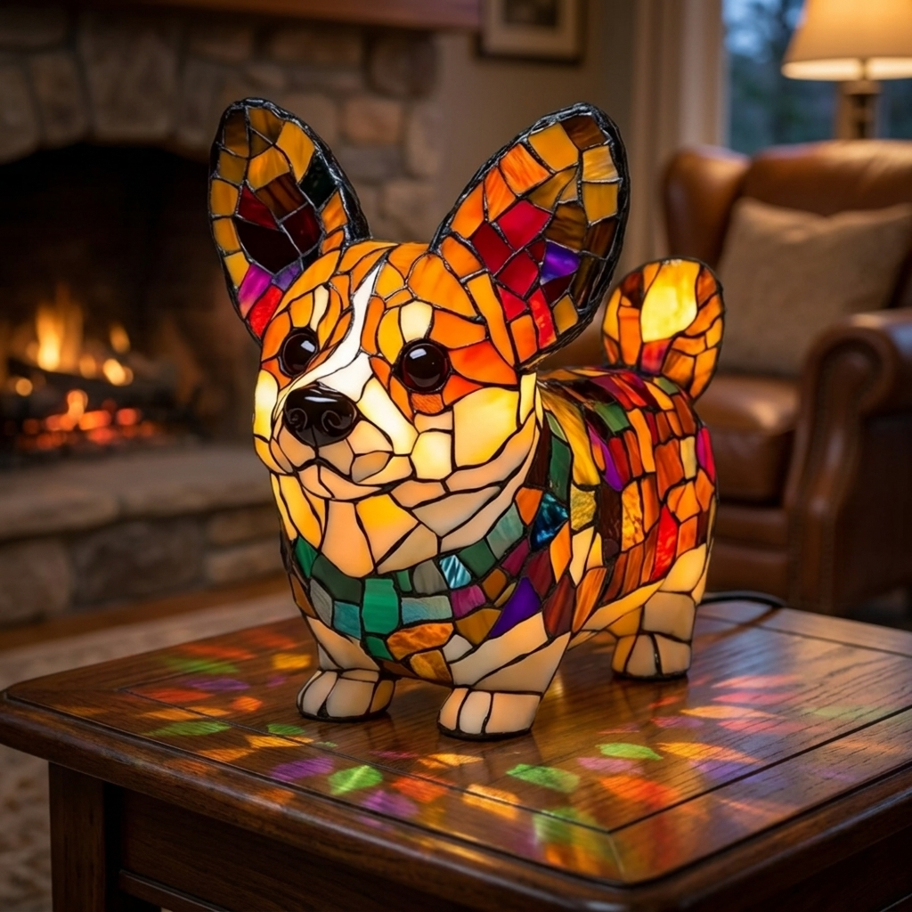 Radiant Corgi stained-glass lamp in a cosy living room