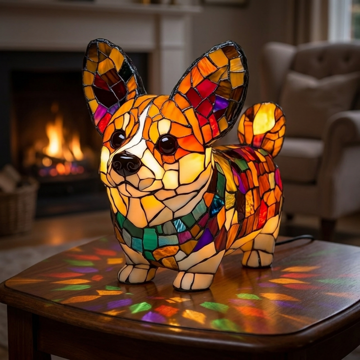 Radiant Corgi stained-glass lamp in a cosy living room