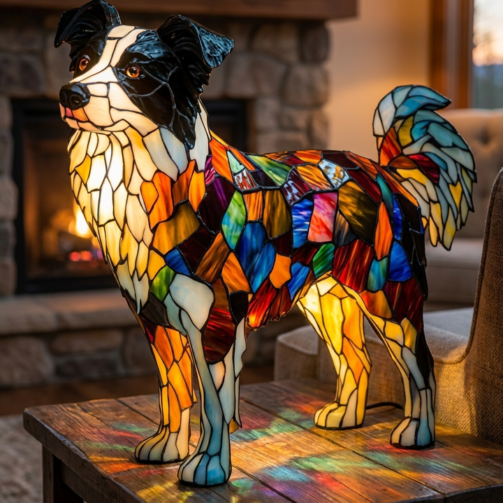 Border Collie stained-glass lamp in a cosy living room