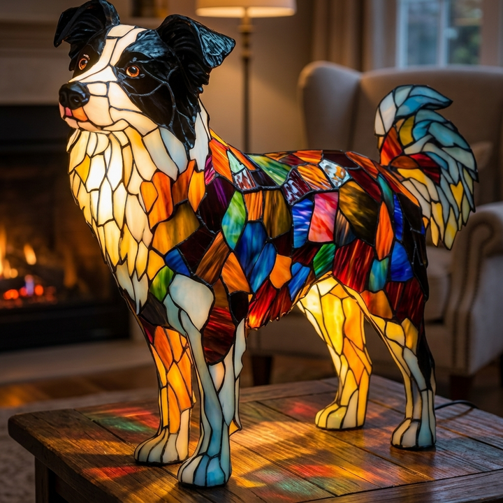 Border Collie stained-glass lamp in a cosy living room