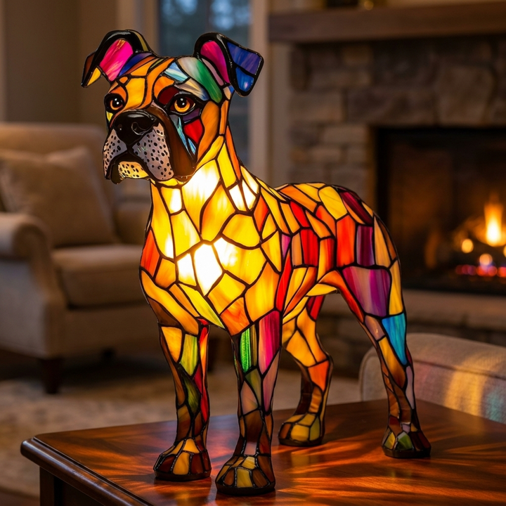 Splendid Boxer stained-glass lamp in a cosy living room