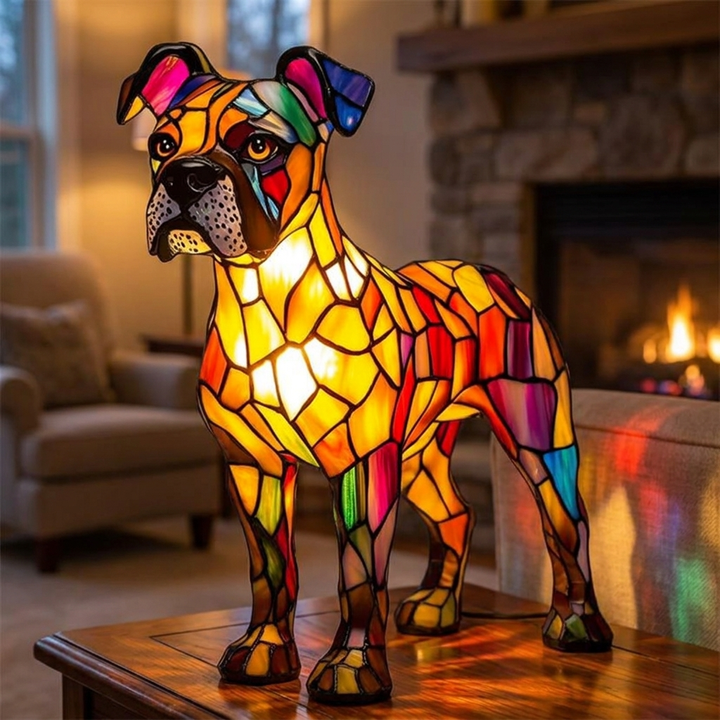Splendid Boxer stained-glass lamp in a cosy living room
