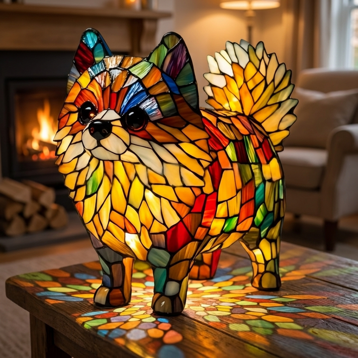 Vibrant Pomeranian stained-glass lamp in a cosy living room