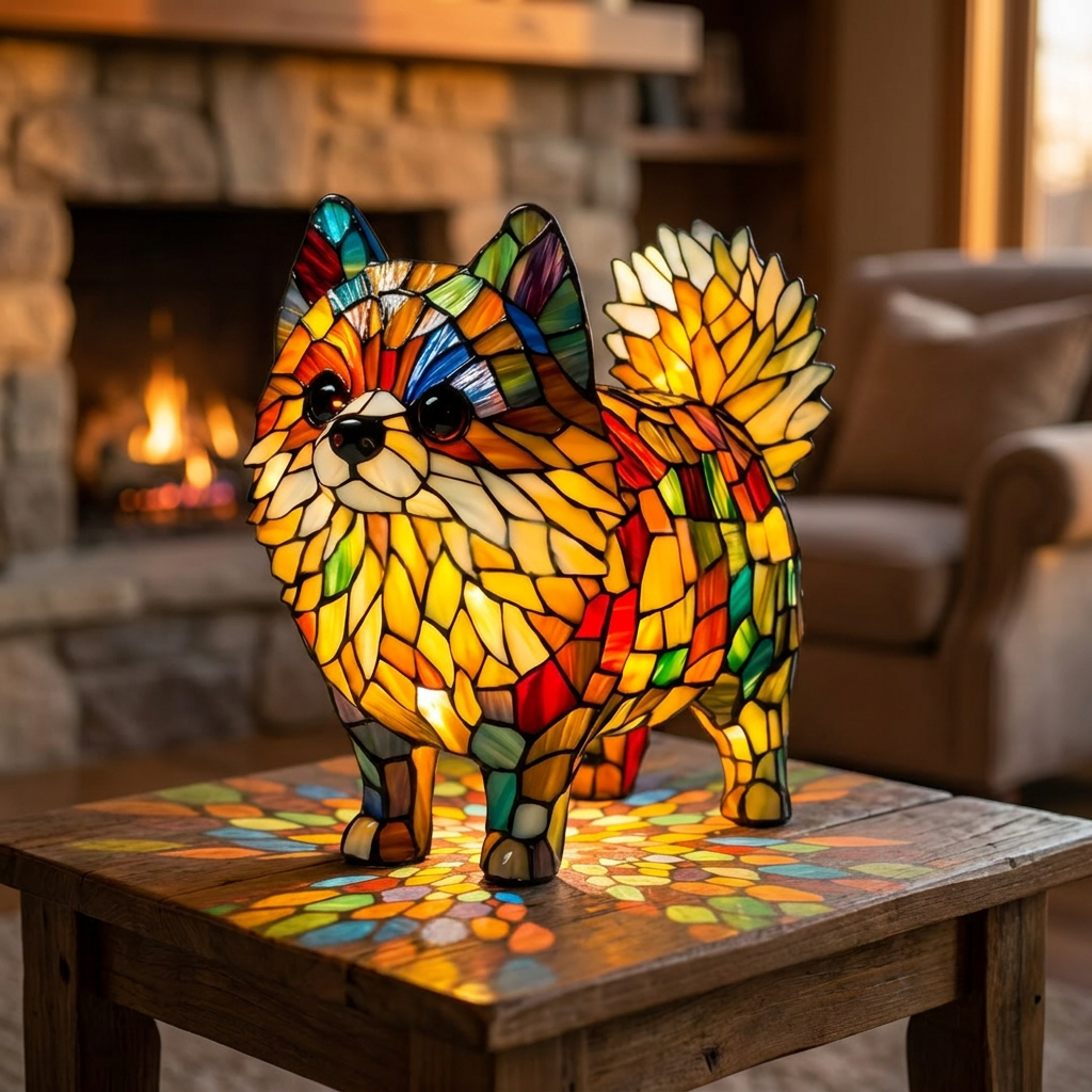 Vibrant Pomeranian stained-glass lamp in a cosy living room