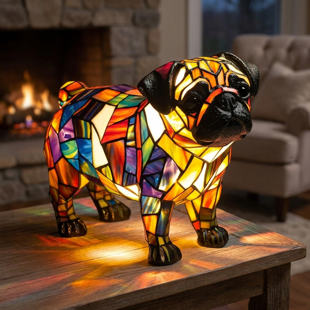Glowing Pug stained-glass lamp in a cosy living room