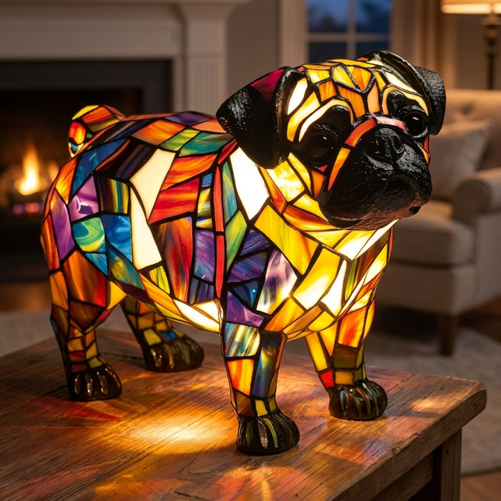 Glowing Pug stained-glass lamp in a cosy living room