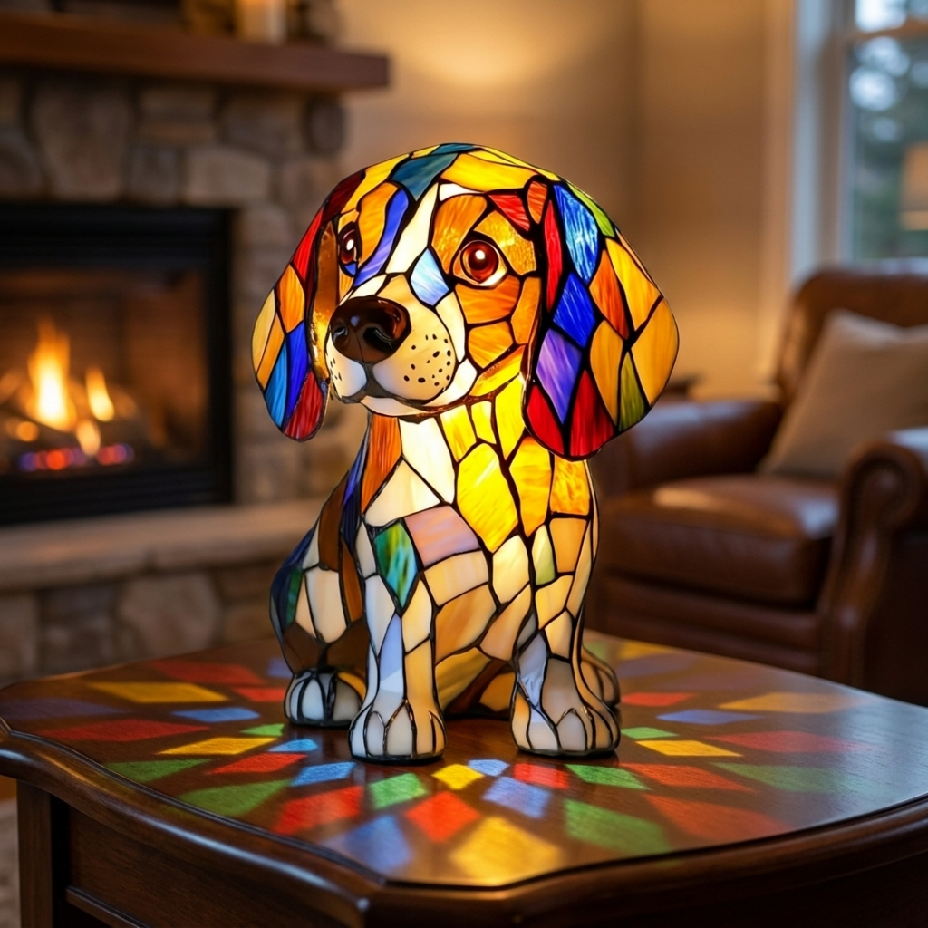 Beagle Essence stained-glass lamp in a cosy living room