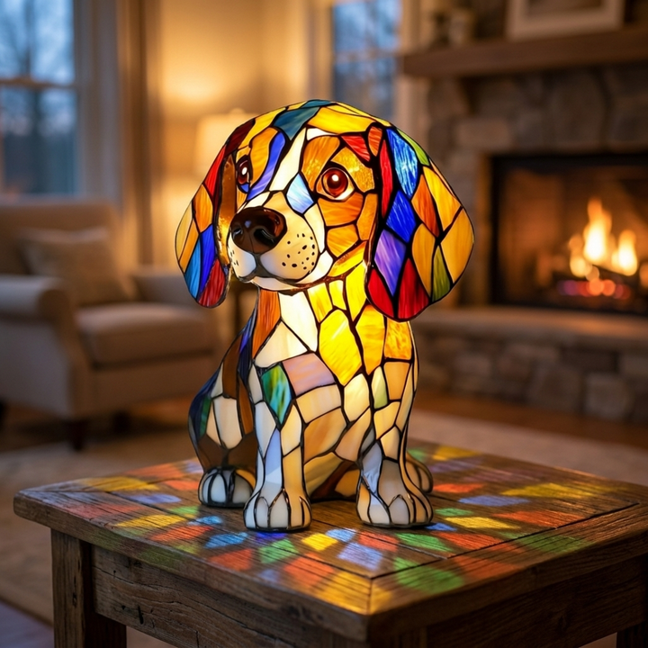 Beagle Essence stained-glass lamp in a cosy living room