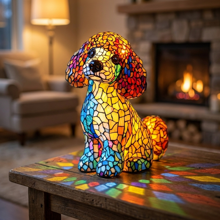 The Graceful Charm of the Poodle stained-glass lamp in a cosy living room