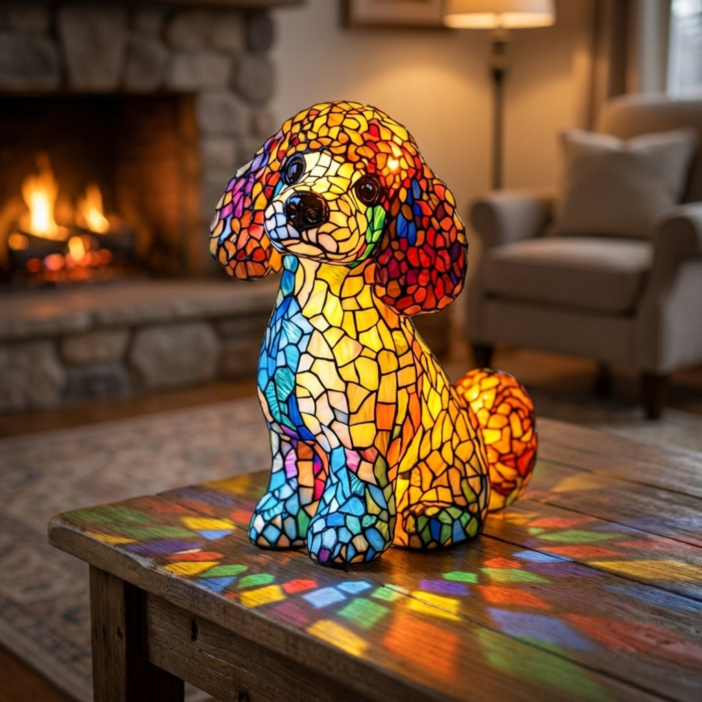 The Graceful Charm of the Poodle stained-glass lamp in a cosy living room