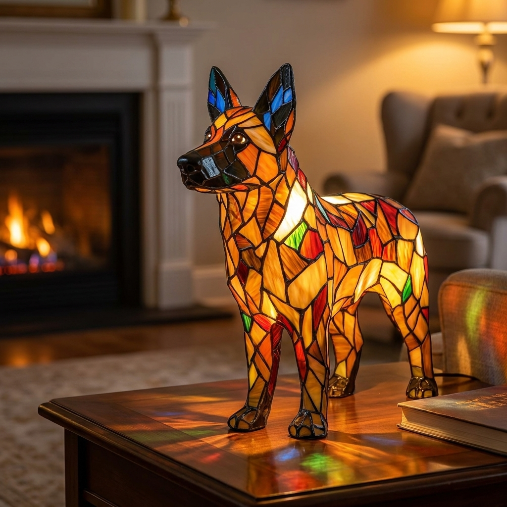Illuminating Protector stained-glass lamp in a cosy living room