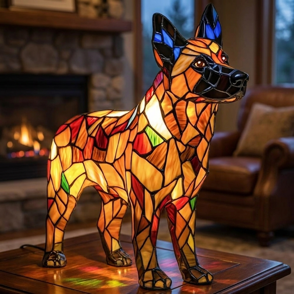 Illuminating Protector stained-glass lamp in a cosy living room