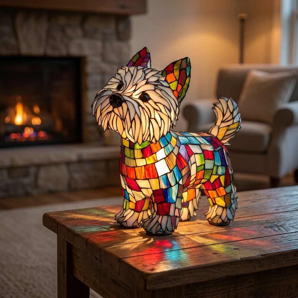Moomie Your Ultimate Companion stained-glass lamp in a cosy living room