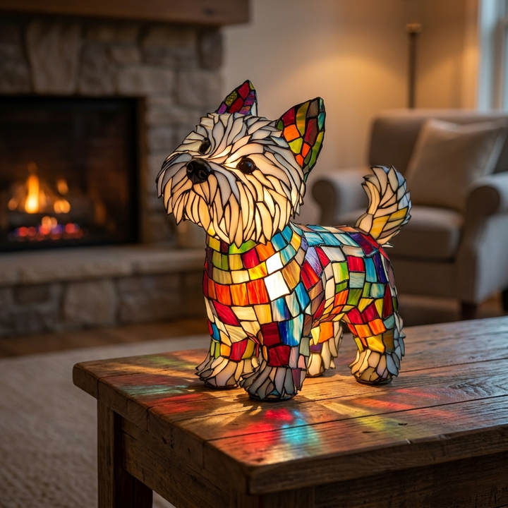 Moomie Your Ultimate Companion stained-glass lamp in a cosy living room