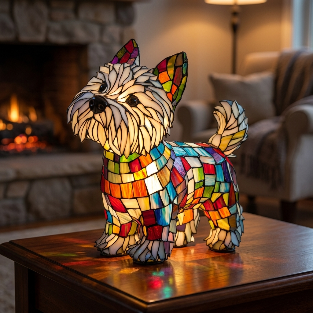 Moomie Your Ultimate Companion stained-glass lamp in a cosy living room