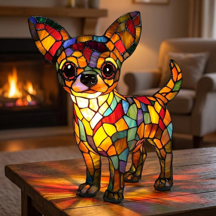 Life with a Chihuahua stained-glass lamp in a cosy living room