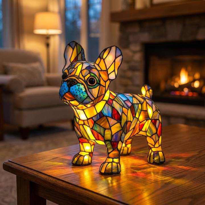 Radiant French Bulldog stained-glass lamp in a cosy living room