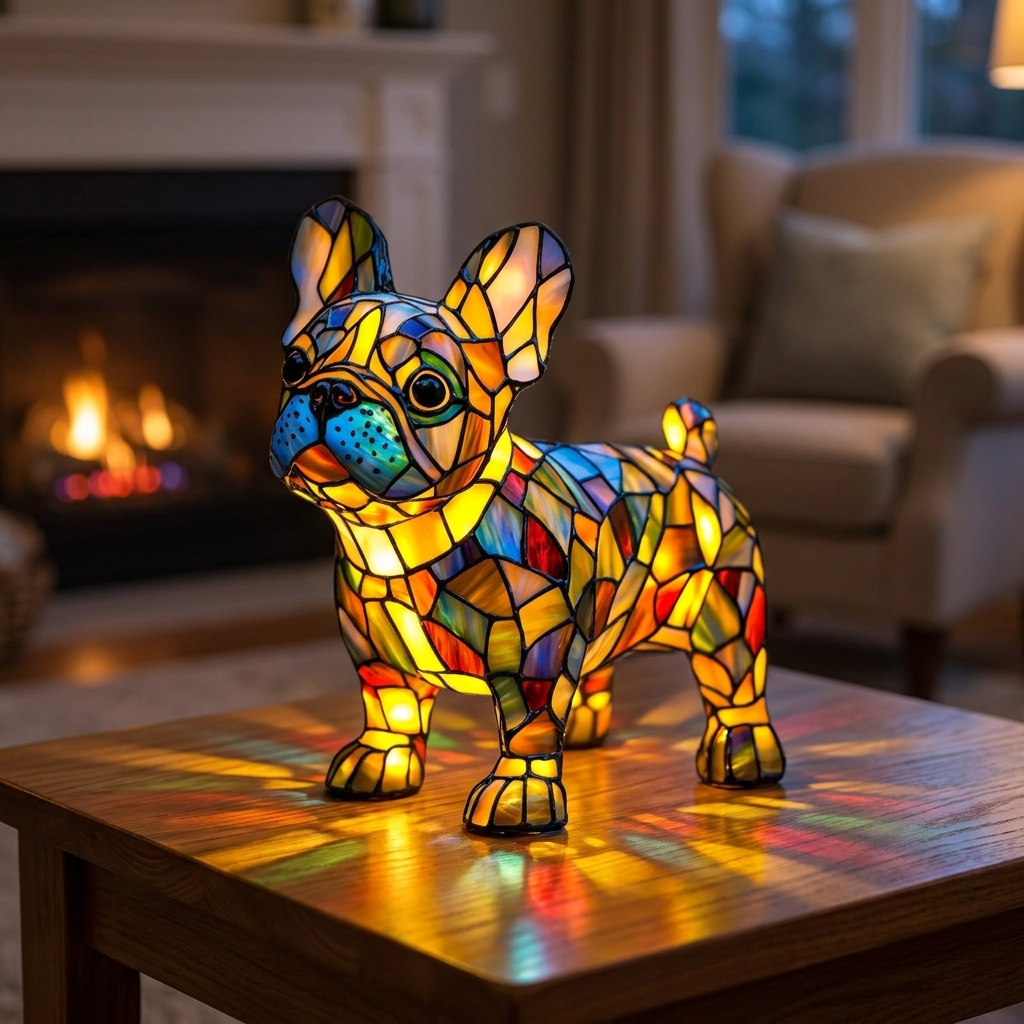 Radiant French Bulldog stained-glass lamp in a cosy living room